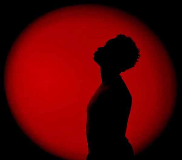 Silhouette in profile against a red circle of light